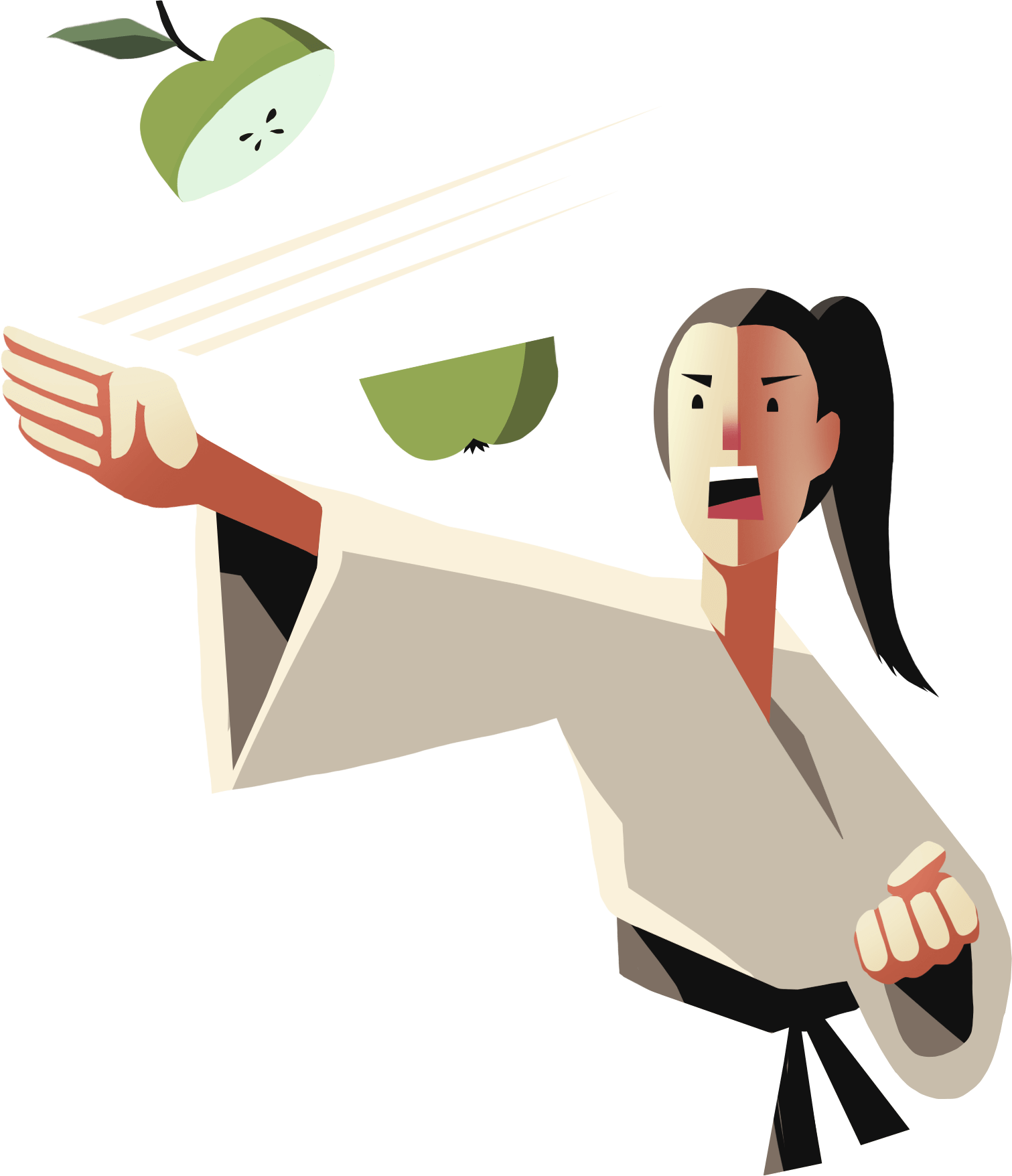 Hiya! A karate girl chopping an apple with her bare hands.