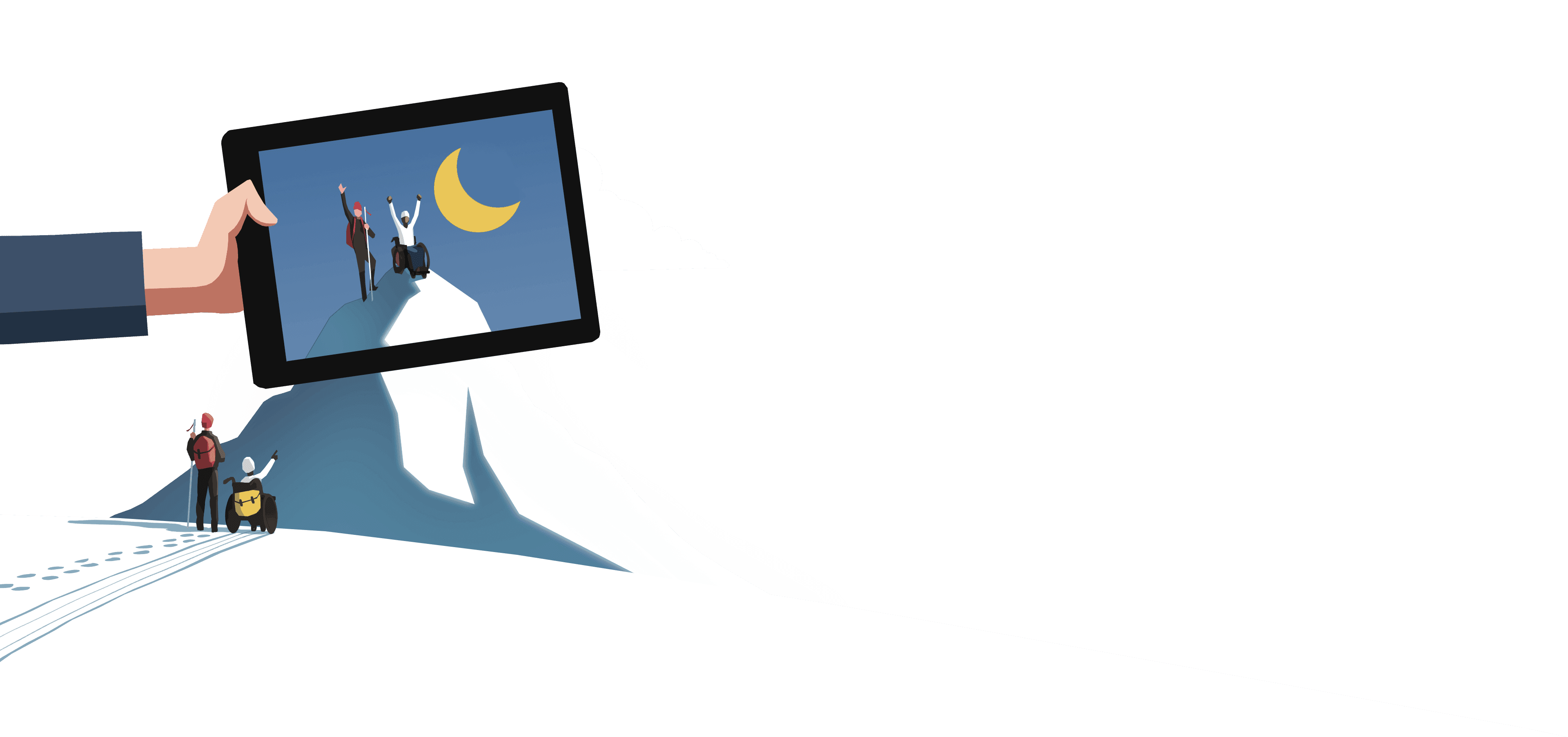 Två äventyrare står respektive sitter vid foten av ett berg. Ovanför dem håller en stor hand i en surfplatta vars skärm visar när äventyrarna nått bergstoppen.