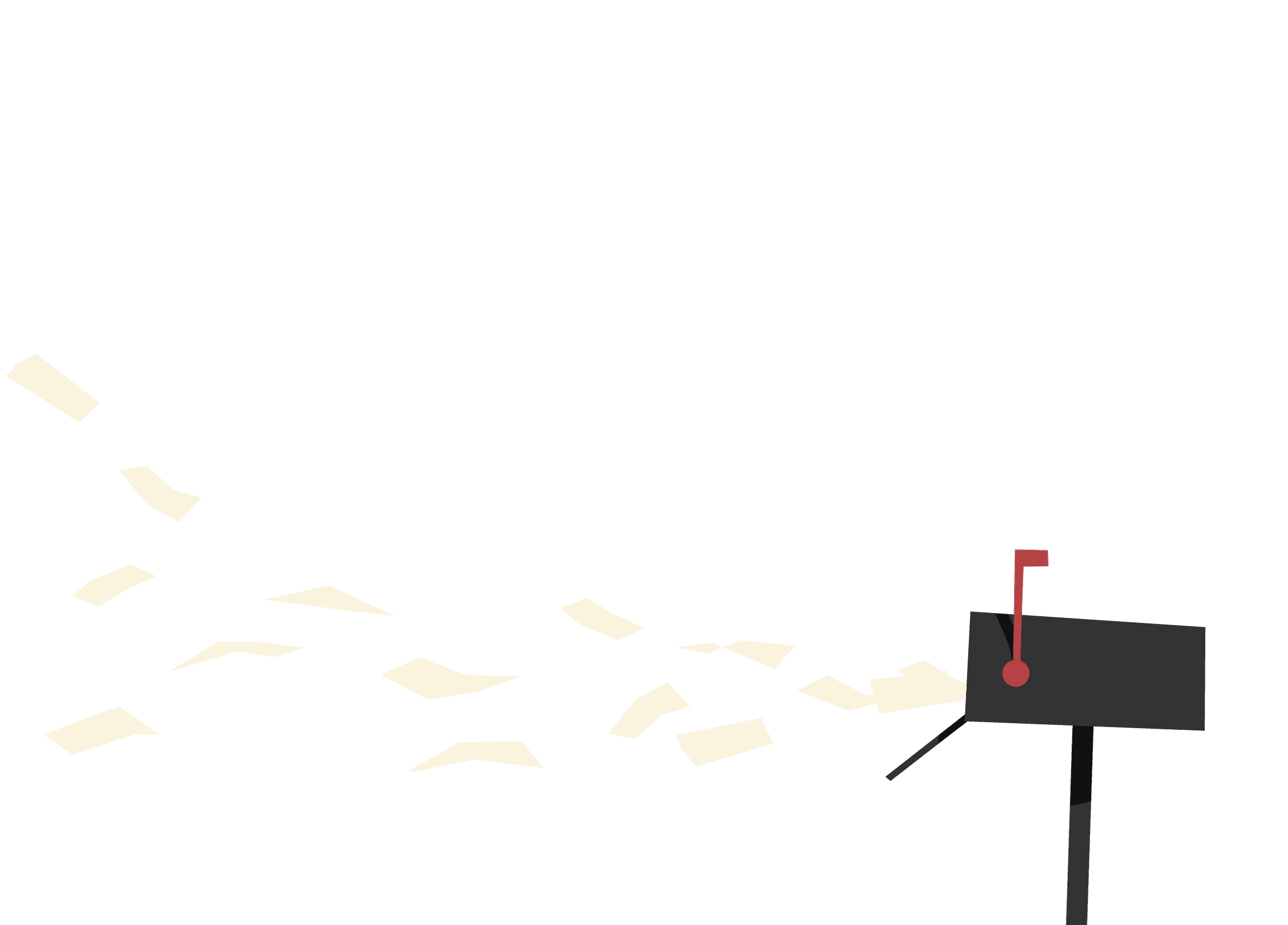 Postlåda som mottager vita flygande brev i strid ström. Illustration.