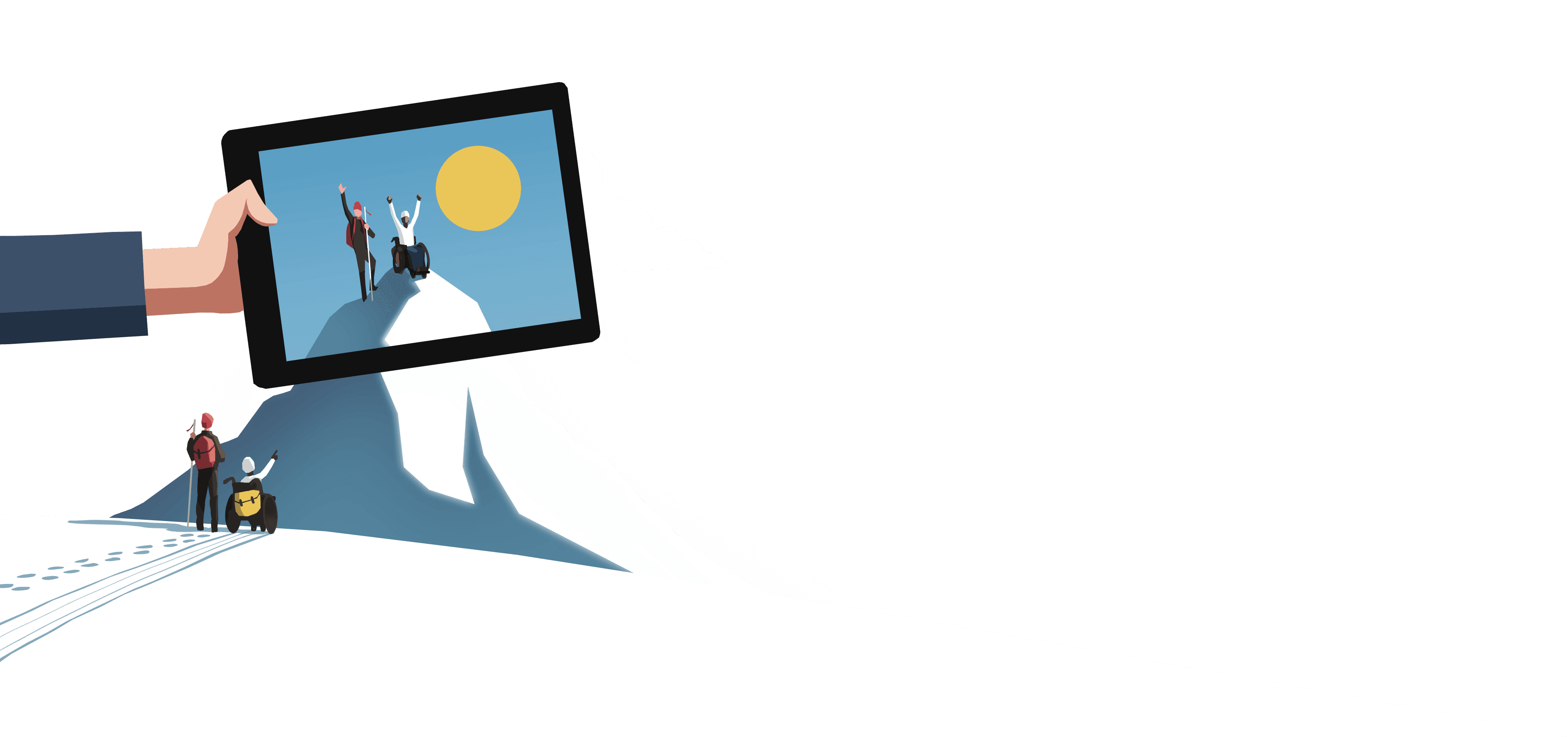 Två äventyrare står respektive sitter vid foten av ett berg. Ovanför dem håller en stor hand i en surfplatta vars skärm visar när äventyrarna nått bergstoppen. Illustration.